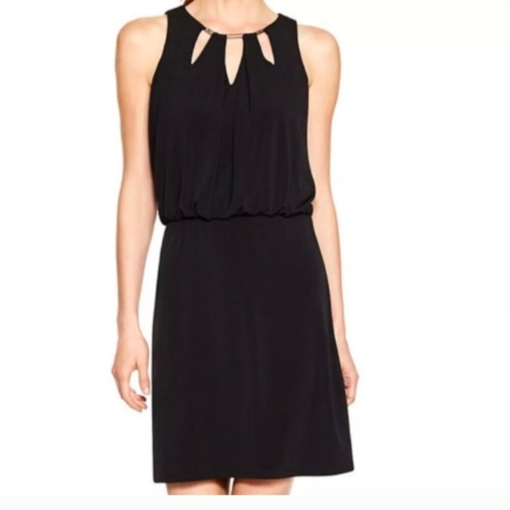 White House Black Market Black Cut-Out Top with Silver Neckline, Fully Lined–L